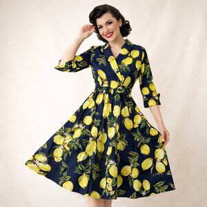 NWOT SUCREFAS Lemon Floral Navy Dress (M) Blue Retro Swing Fit & Flare